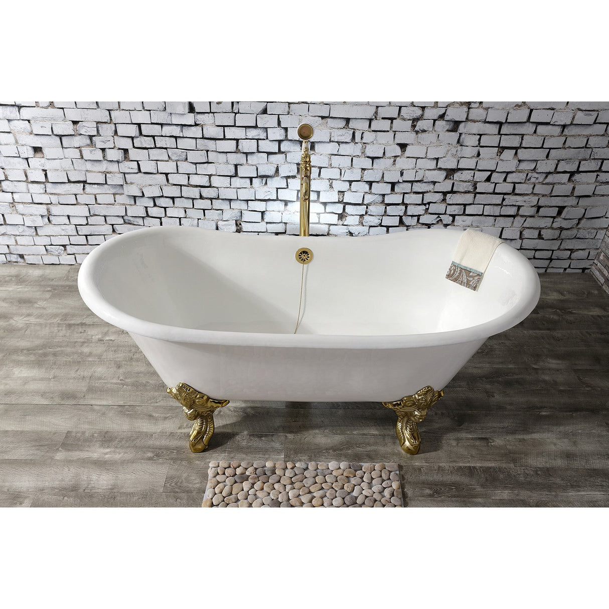 Aqua Eden VCTNDS6731NL2 67-Inch Cast Iron Double Slipper Clawfoot Tub (No Faucet Drillings), White/Polished Brass