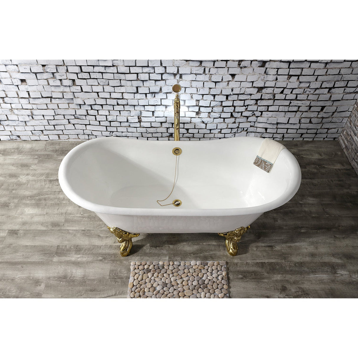 Aqua Eden VCTNDS6731NL2 67-Inch Cast Iron Double Slipper Clawfoot Tub (No Faucet Drillings), White/Polished Brass