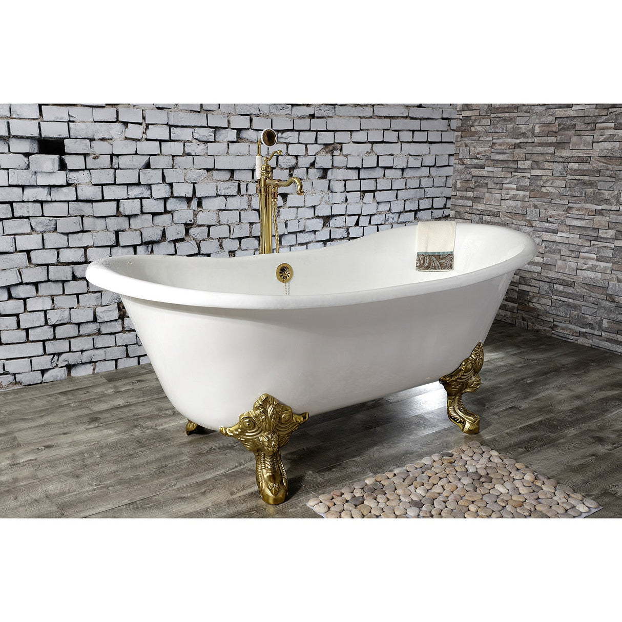 Aqua Eden VCTNDS6731NL2 67-Inch Cast Iron Double Slipper Clawfoot Tub (No Faucet Drillings), White/Polished Brass