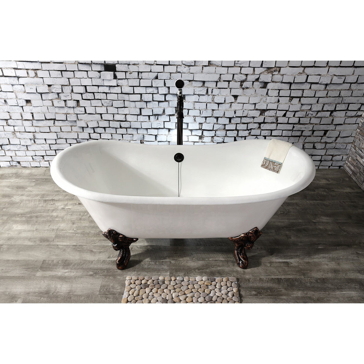 Aqua Eden VCTNDS6731NL5 67-Inch Cast Iron Double Slipper Clawfoot Tub (No Faucet Drillings), White/Oil Rubbed Bronze