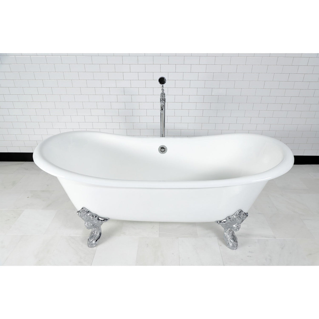Aqua Eden VCTNDS7231NL1 72-Inch Cast Iron Double Slipper Clawfoot Tub (No Faucet Drillings), White/Polished Chrome
