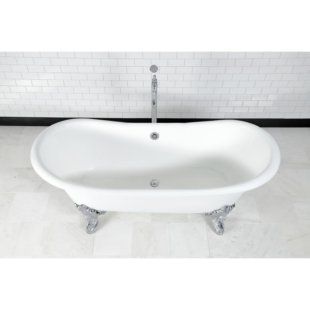 Aqua Eden VCTNDS7231NL1 72-Inch Cast Iron Double Slipper Clawfoot Tub (No Faucet Drillings), White/Polished Chrome