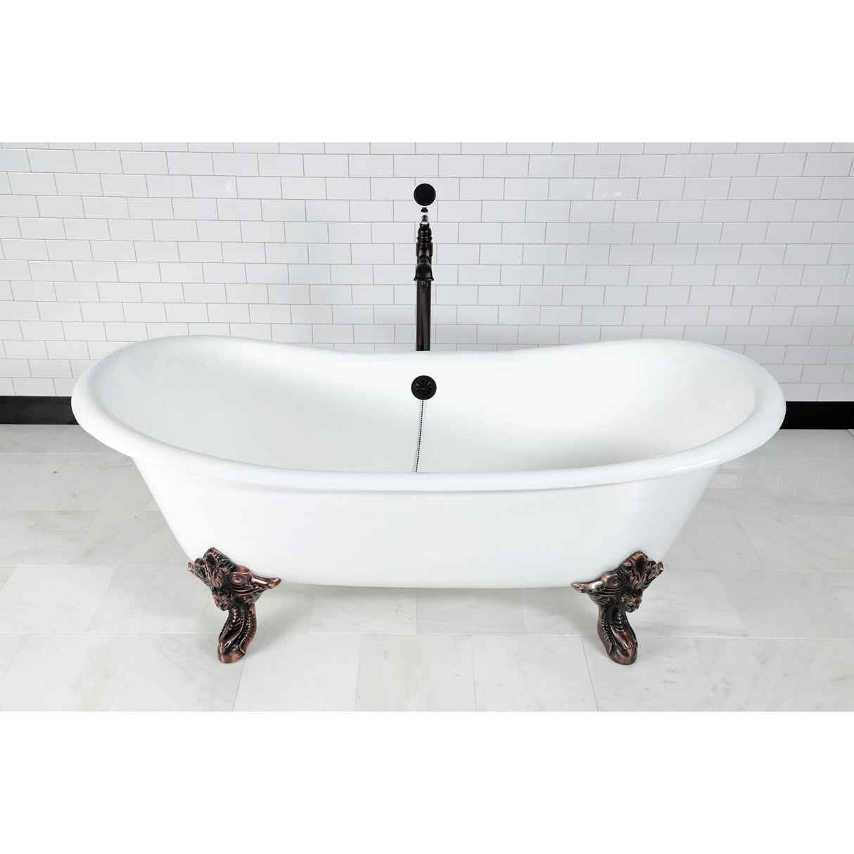 Aqua Eden VCTNDS7231NL5 72-Inch Cast Iron Double Slipper Clawfoot Tub (No Faucet Drillings), White/Oil Rubbed Bronze