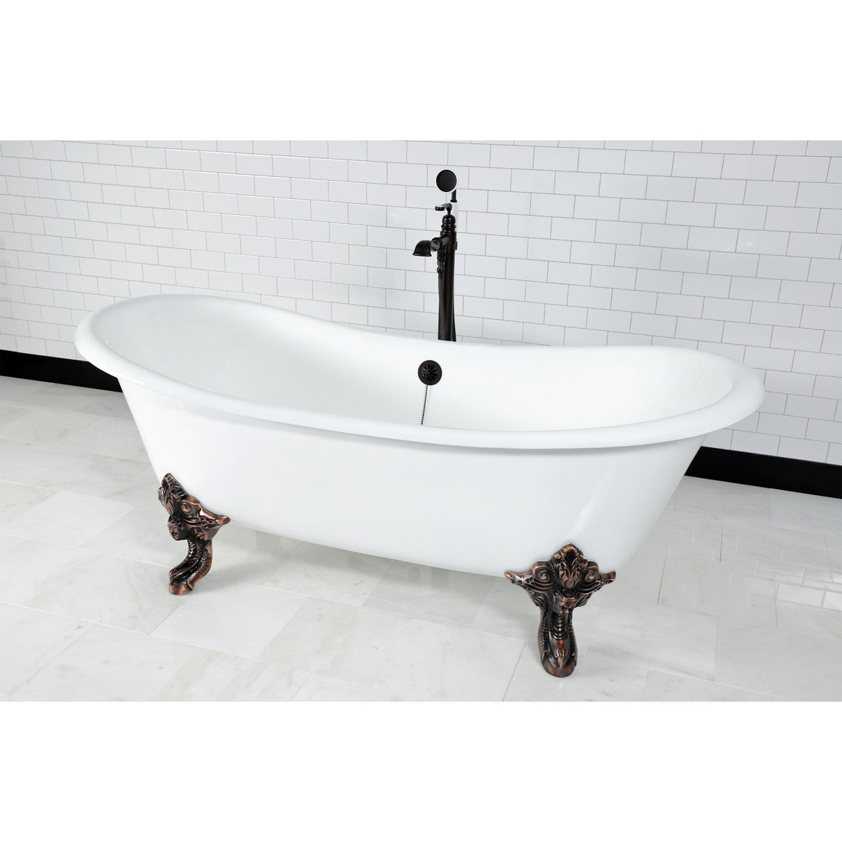 Aqua Eden VCTNDS7231NL5 72-Inch Cast Iron Double Slipper Clawfoot Tub (No Faucet Drillings), White/Oil Rubbed Bronze