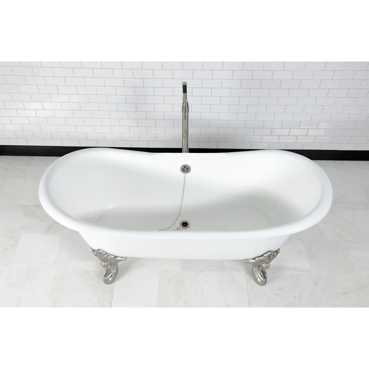 Aqua Eden VCTNDS7231NL8 72-Inch Cast Iron Double Slipper Clawfoot Tub (No Faucet Drillings), White/Brushed Nickel