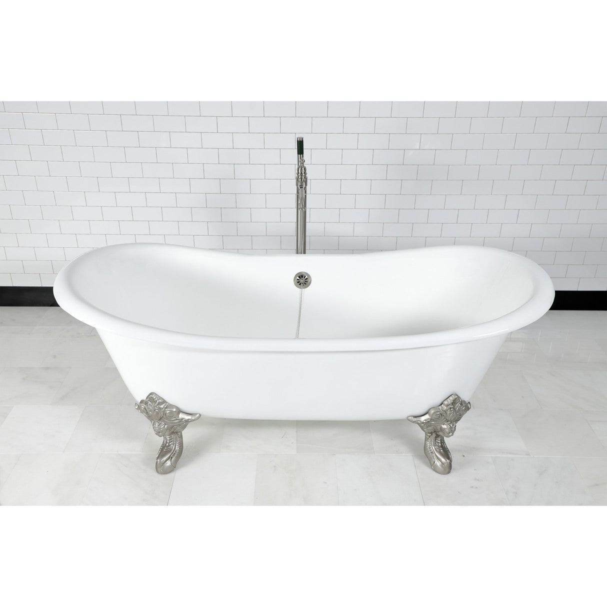 Aqua Eden VCTNDS7231NL8 72-Inch Cast Iron Double Slipper Clawfoot Tub (No Faucet Drillings), White/Brushed Nickel