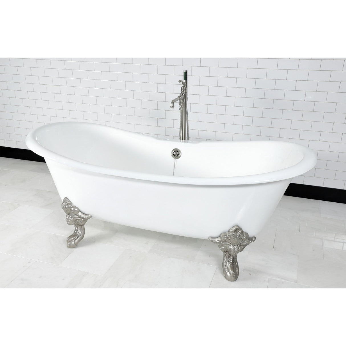 Aqua Eden VCTNDS7231NL8 72-Inch Cast Iron Double Slipper Clawfoot Tub (No Faucet Drillings), White/Brushed Nickel