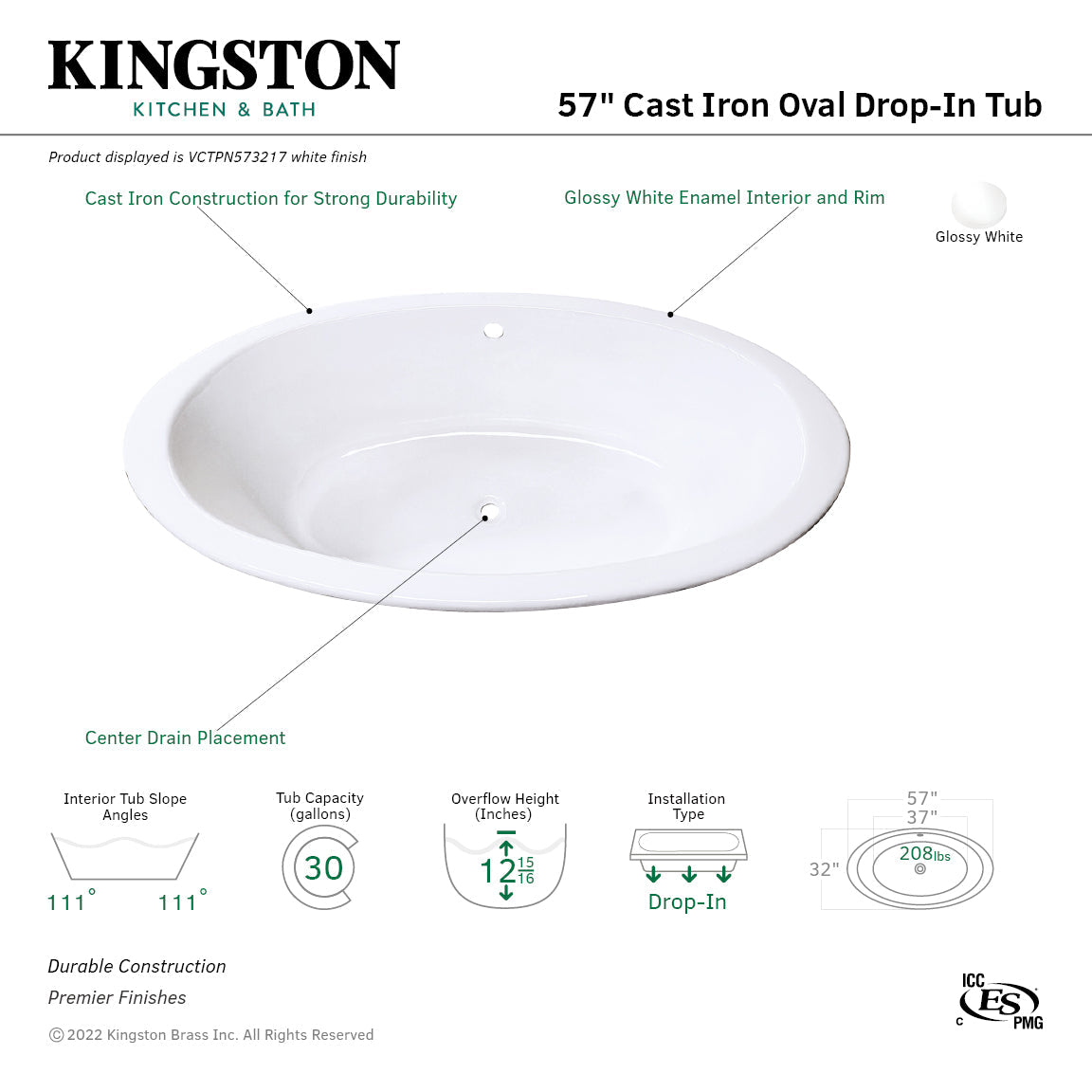 Aqua Eden VCTPN573217 57-Inch Cast Iron Oval Drop-In Tub with Center Drain Hole, White