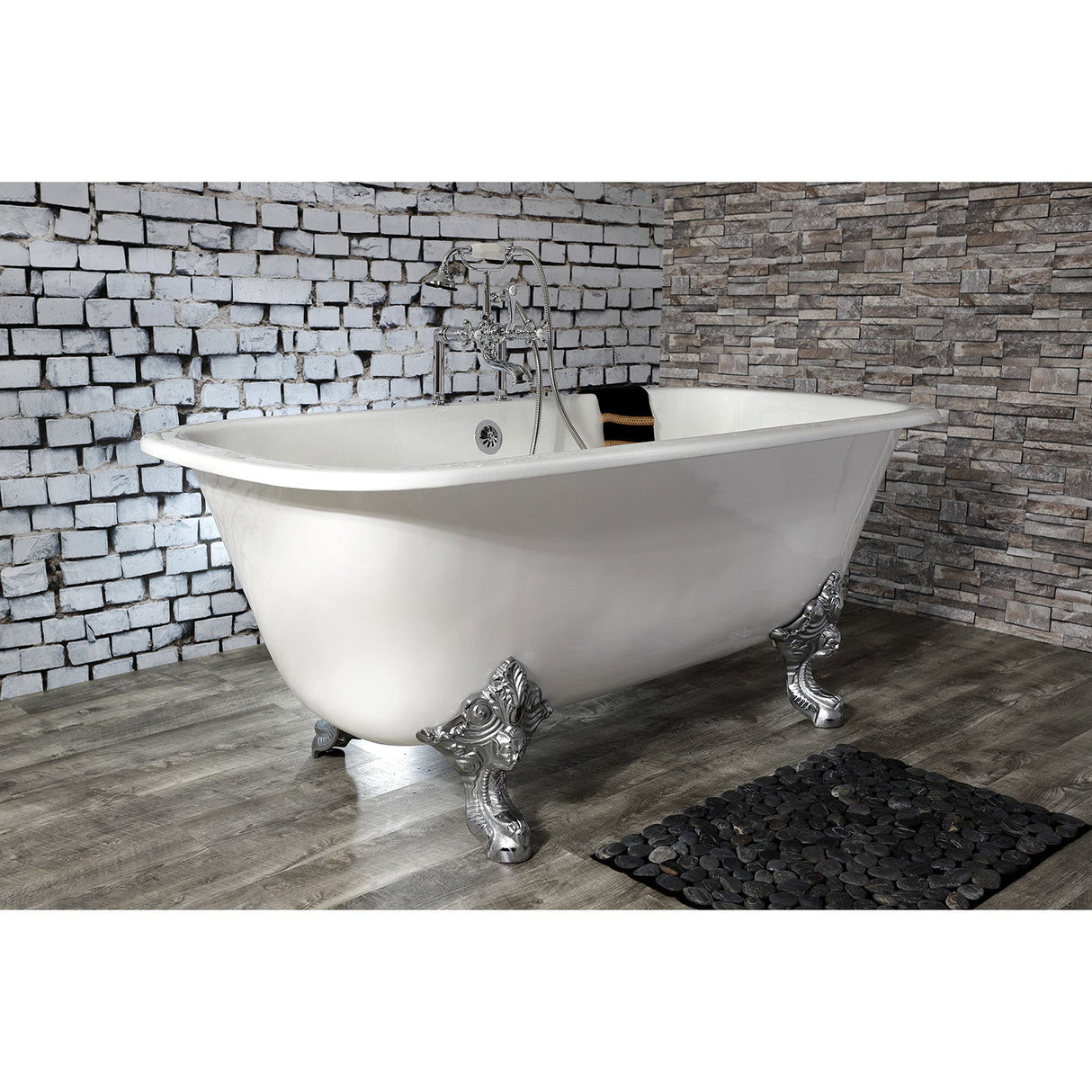 Aqua Eden VCTQ7D6732NL1 67-Inch Cast Iron Double Ended Clawfoot Tub with 7-Inch Faucet Drillings, White/Polished Chrome
