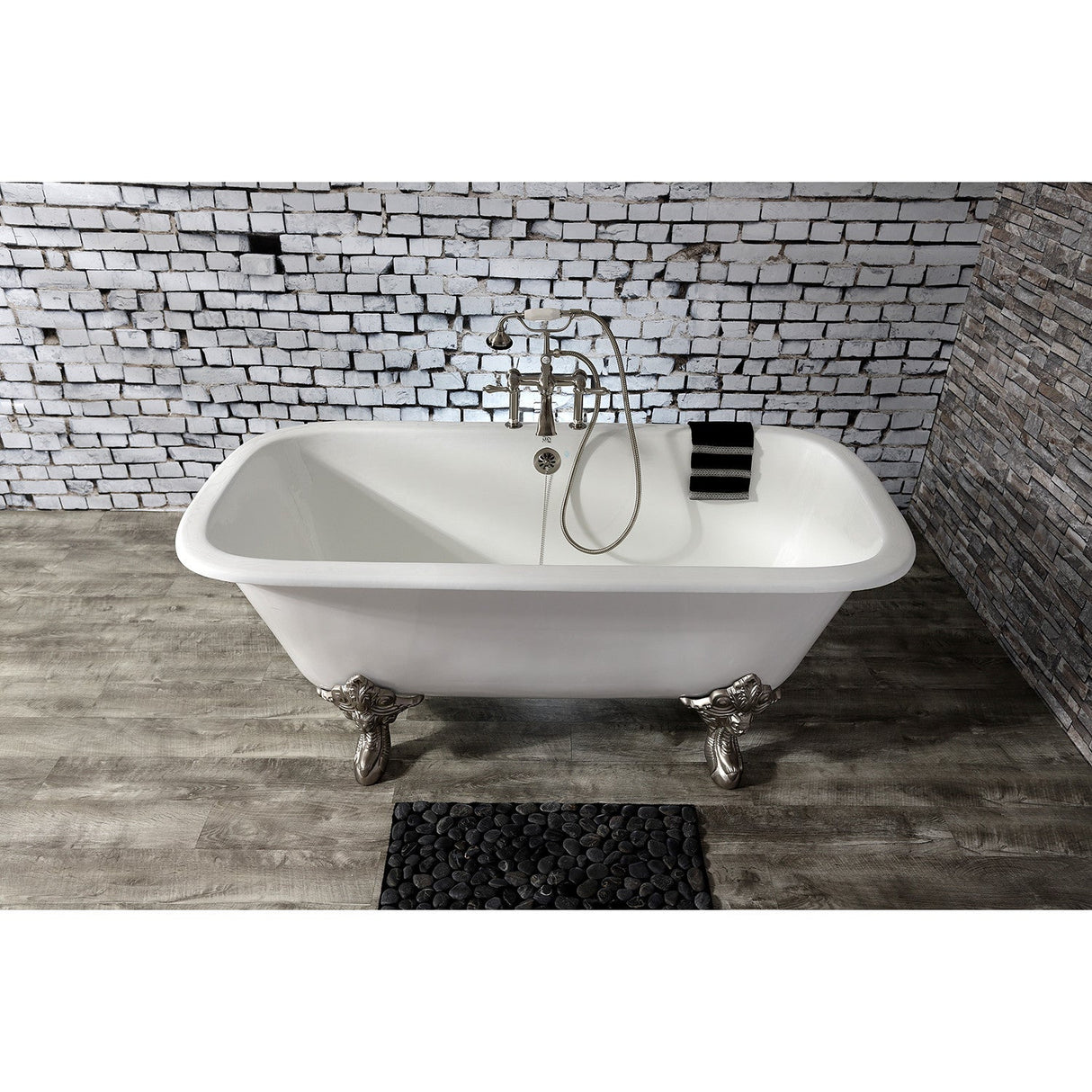 Aqua Eden VCTQ7D6732NL8 67-Inch Cast Iron Double Ended Clawfoot Tub with 7-Inch Faucet Drillings, White/Brushed Nickel