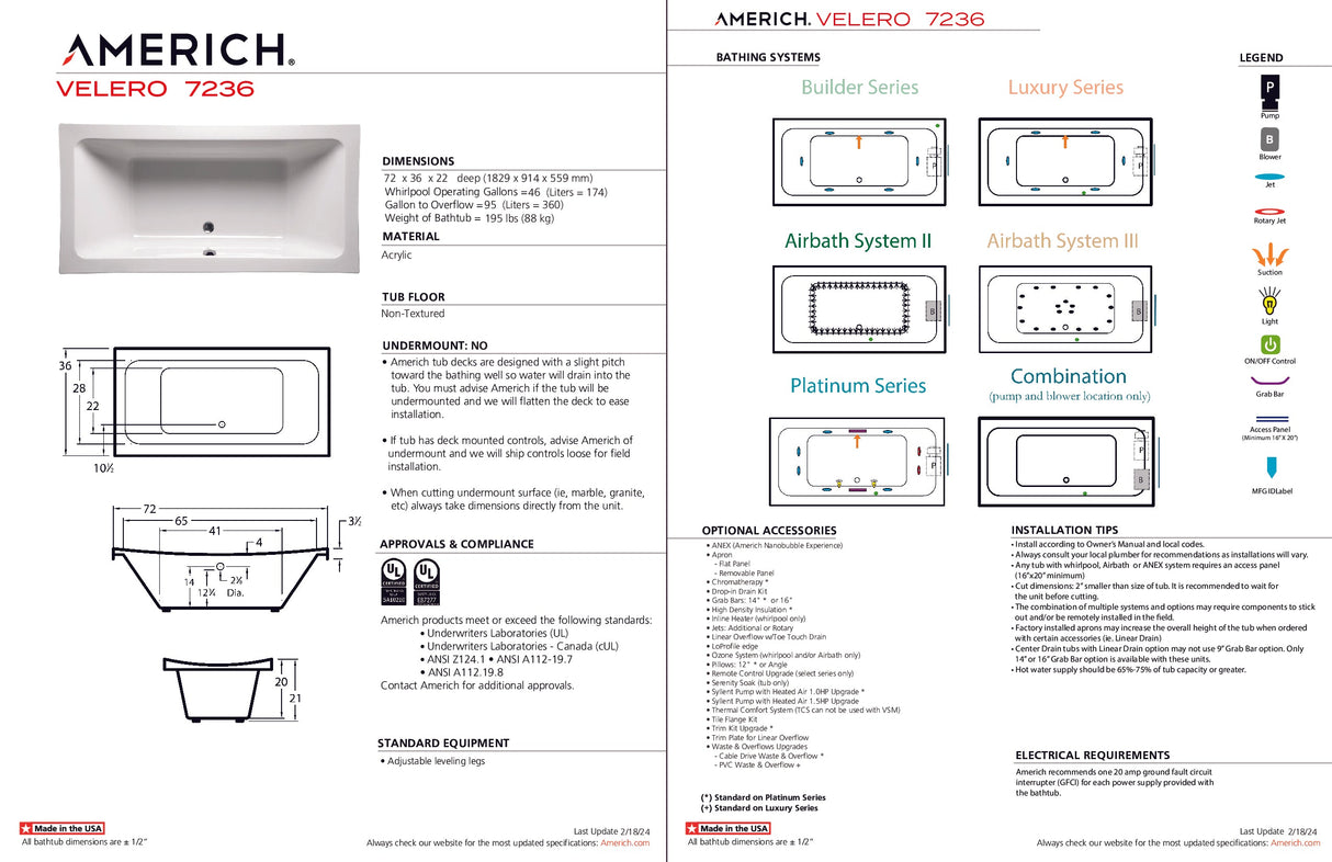 Americh VL7236TA2-WH Velero 7236 - Tub Only / Airbath 2 - White