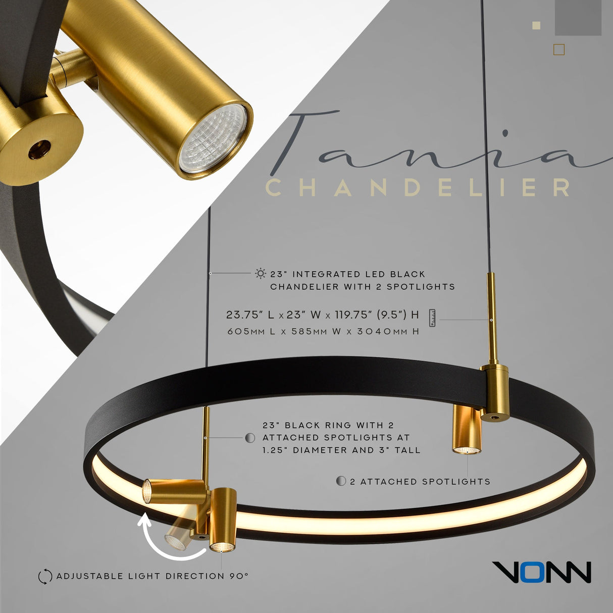 VONN Tania VMC33223BL 23" 100-277V Integrated LED ETL Certified Pendant, Height Adjustable Chandelier, Black