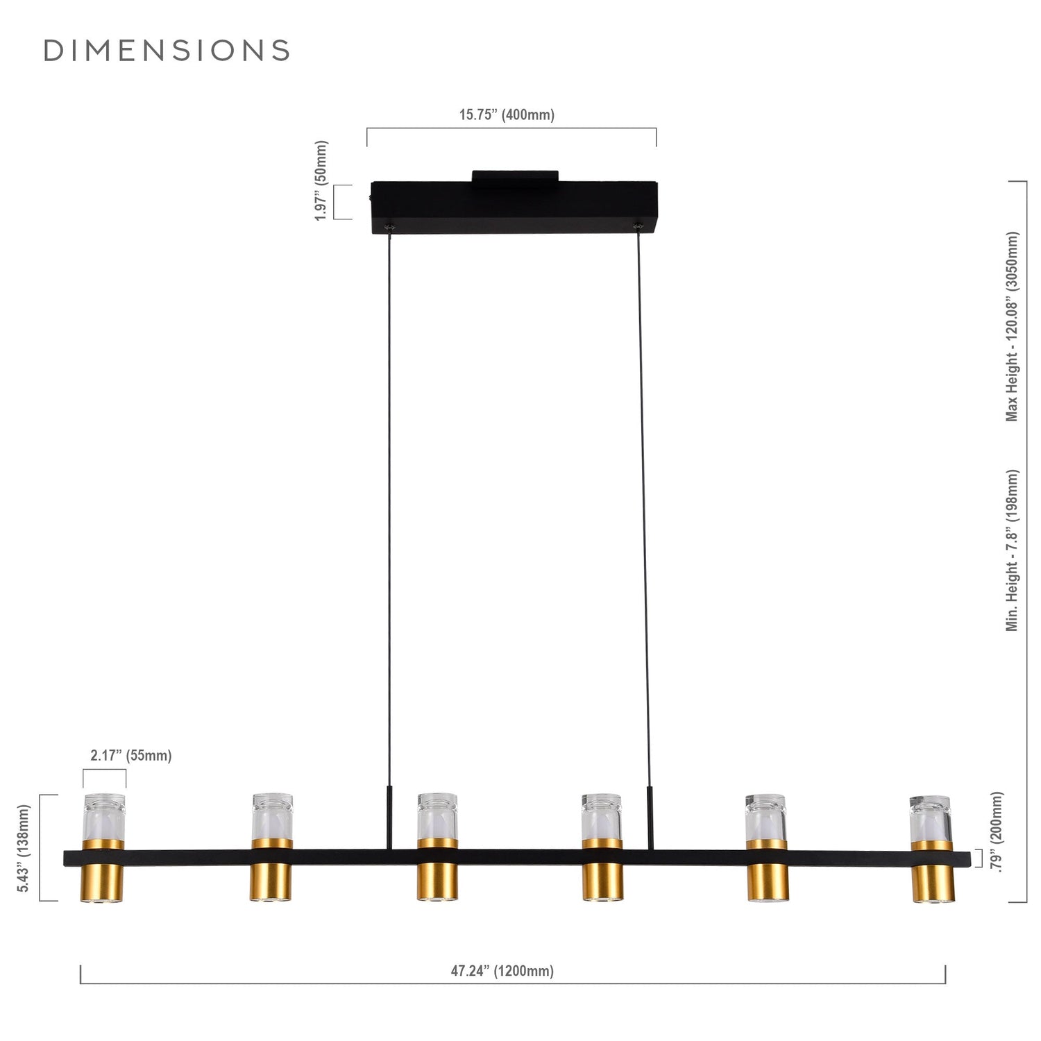 VONN Artisan Ellegi VMC34247BL 47" Integrated LED ETL Certified Pendant, Height Adjustable Chandelier, Black