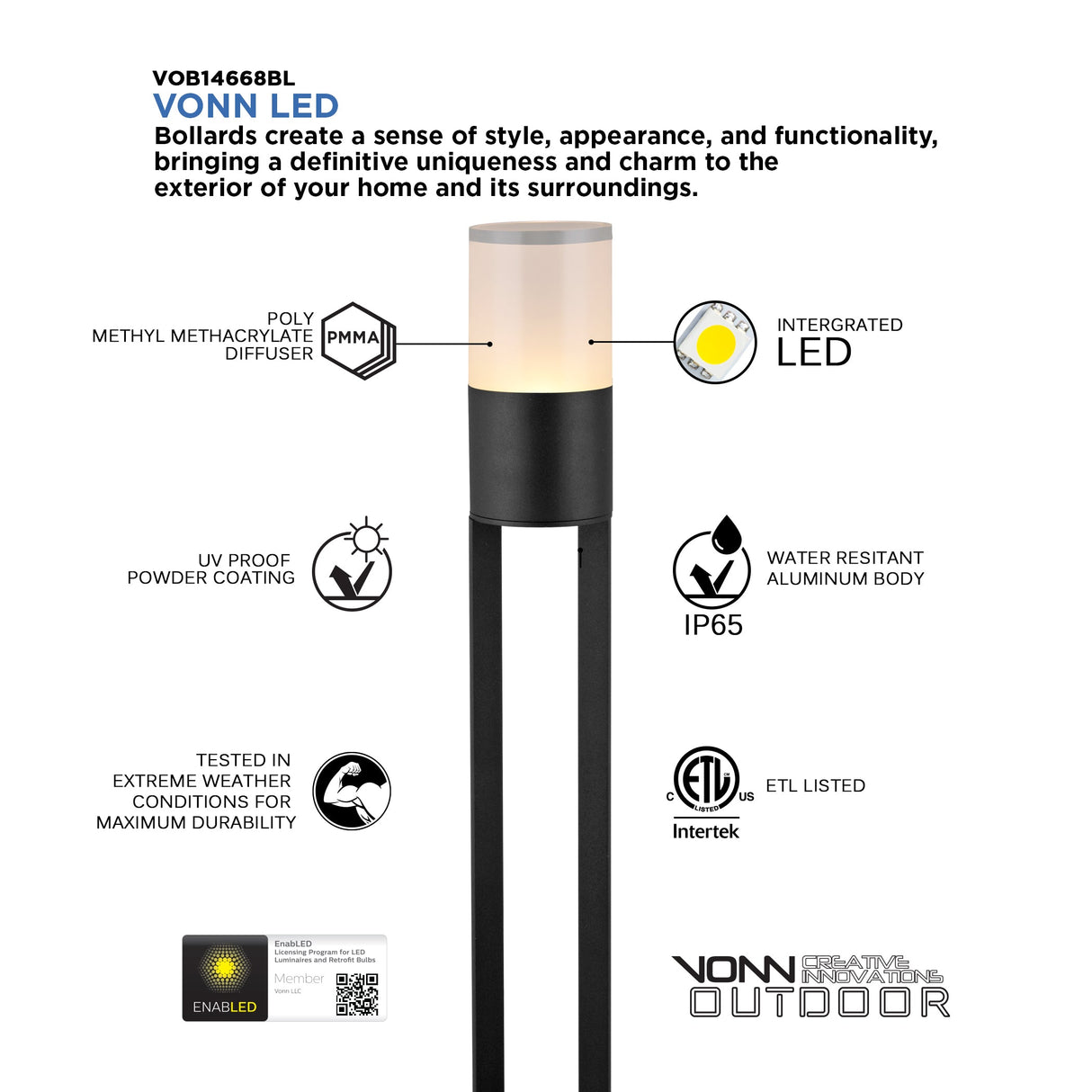 VONN 32" Modern VOB14668BL Low-Voltage 6-Watt ETL Certified Integrated LED Outdoor Bollard in Matte Black