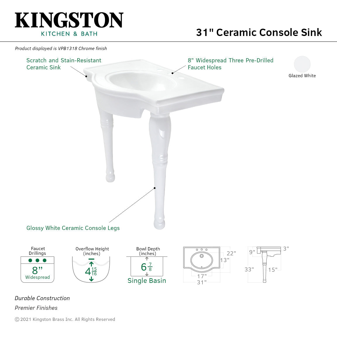 Templeton VPB1318 Ceramic Console Sink, White