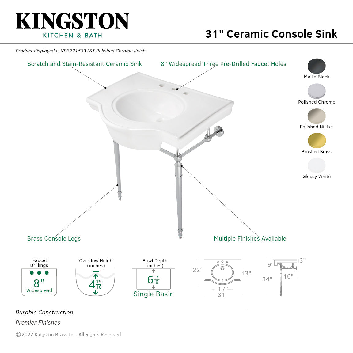 Edwardian VPB2215336ST 31-Inch Console Sink with Brass Legs, White/Polished Nickel