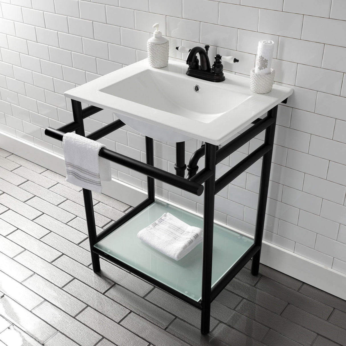Fauceture VPB24187W40 24-Inch Ceramic Console Sink Set, White/Matte Black