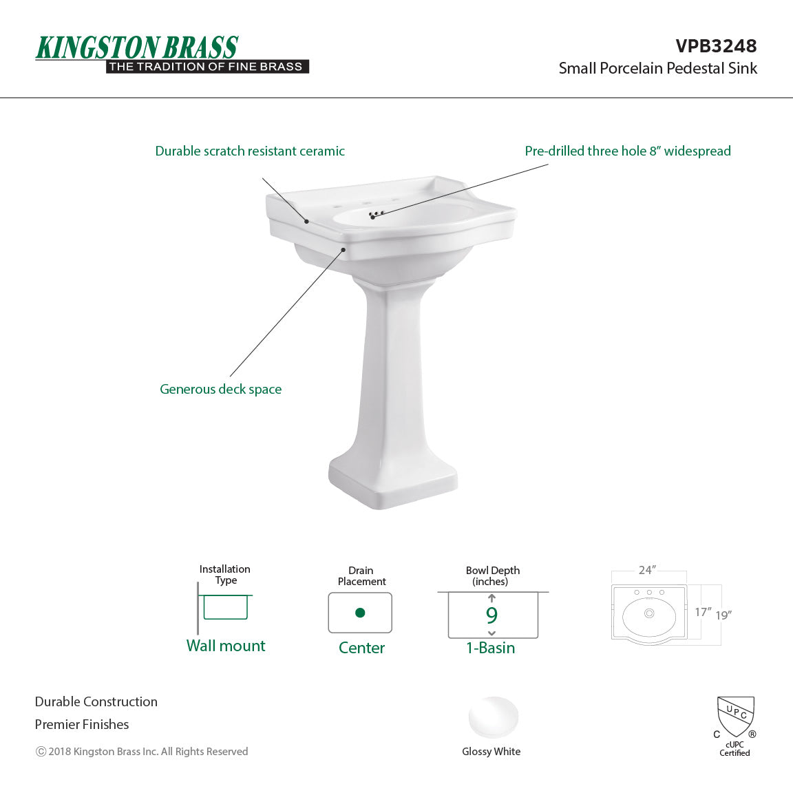 Imperial VPB3248 Ceramic Pedestal Sink, White