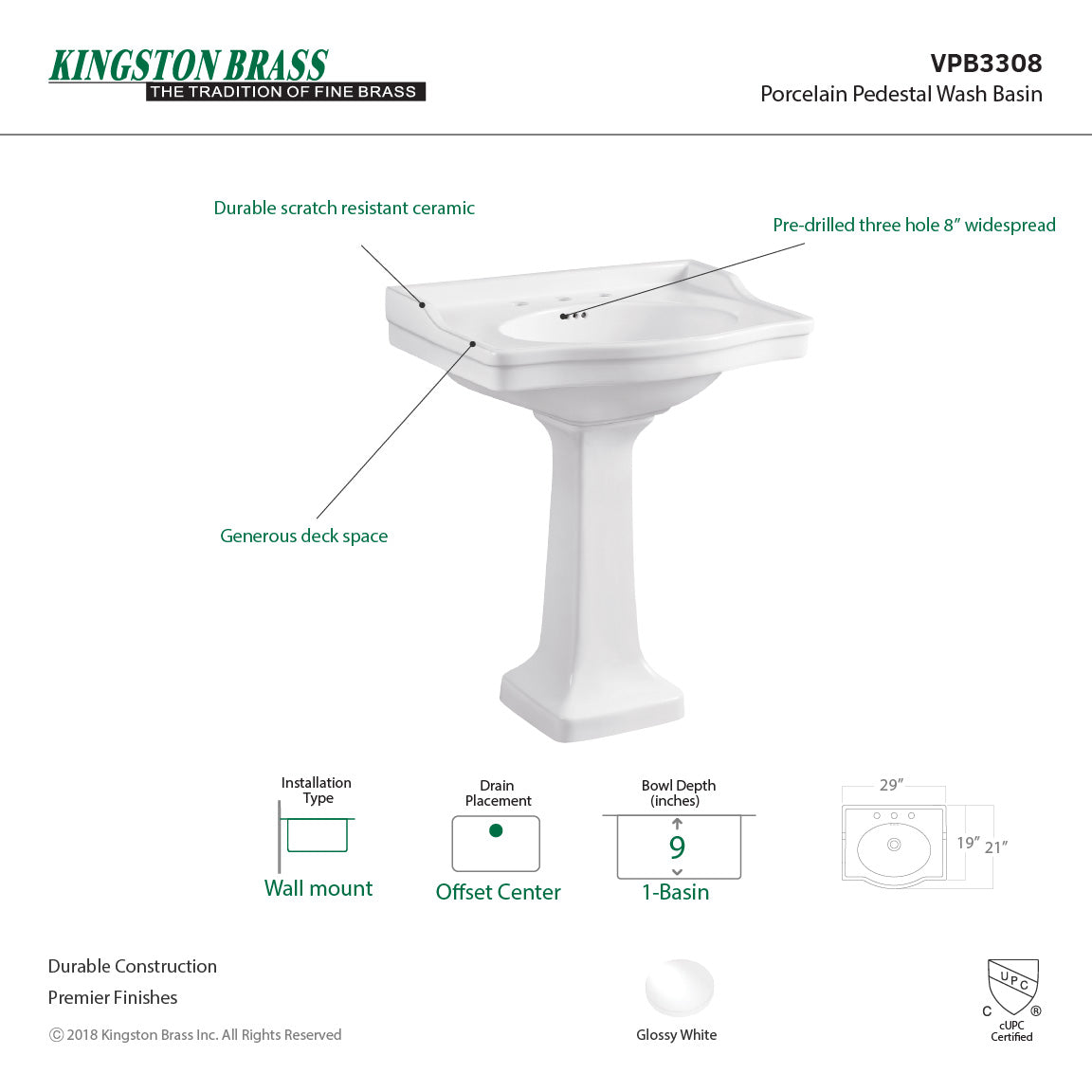 Imperial VPB3308 Ceramic Pedestal Sink, White