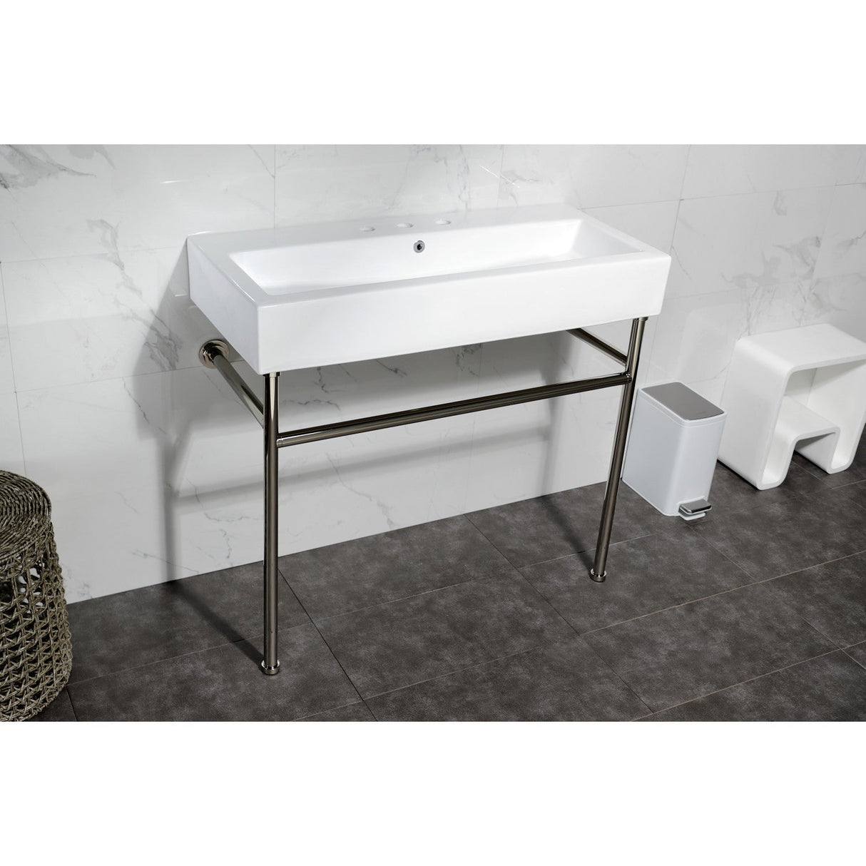New Haven VPB3917W6ST 39-Inch Console Sink with Stainless Steel Legs (8" Centers), White/Polished Nickel