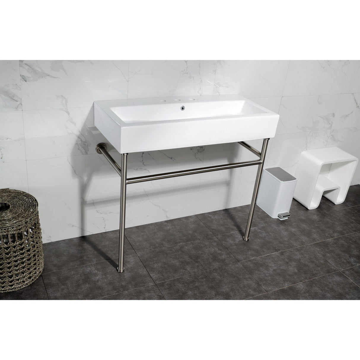 New Haven VPB3917W8ST 39-Inch Console Sink with Stainless Steel Legs (8" Centers), White/Brushed Nickel