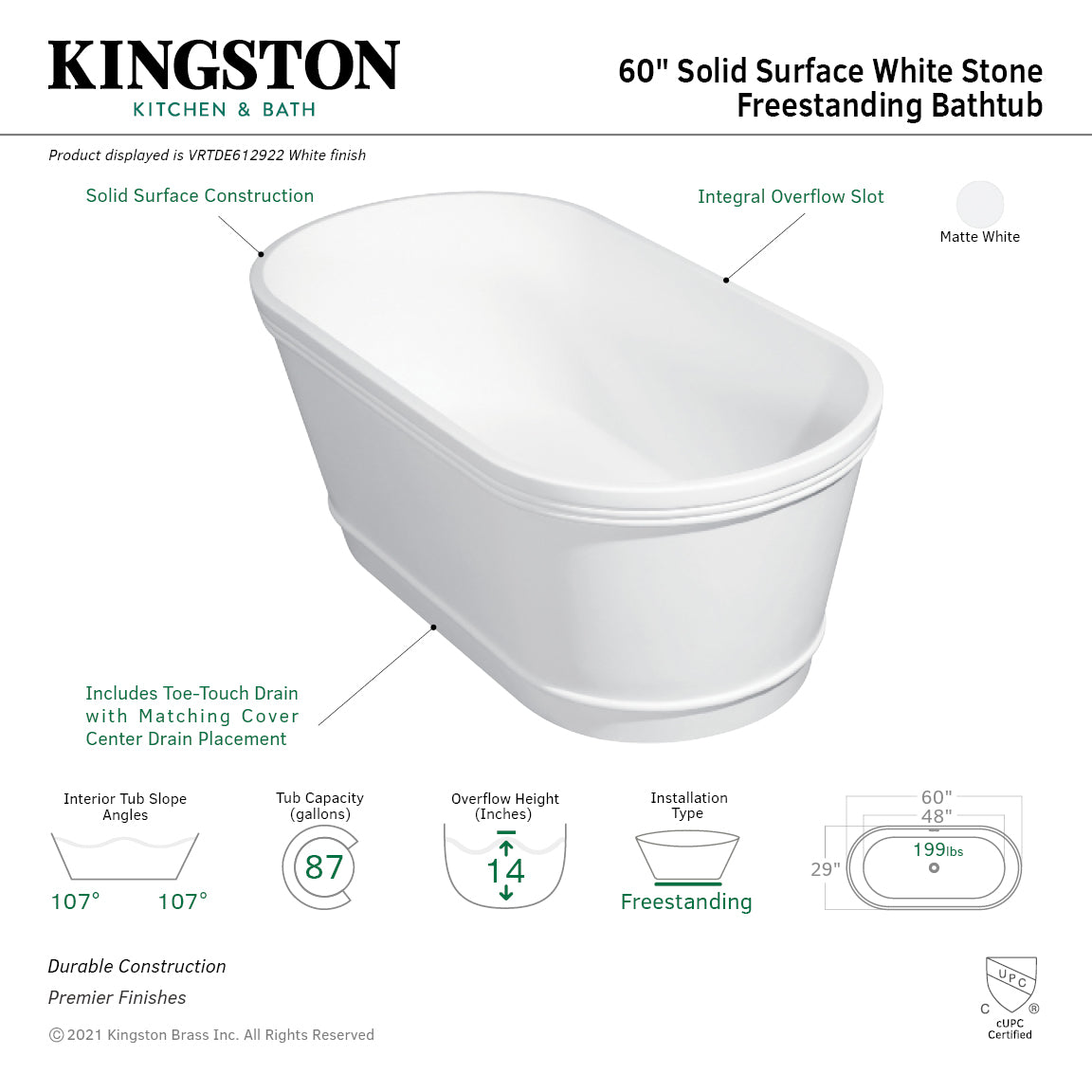 Arcticstone VRTDE612922 60-Inch Double Ended Solid Surface Freestanding Tub with Drain, Glossy White/Matte White