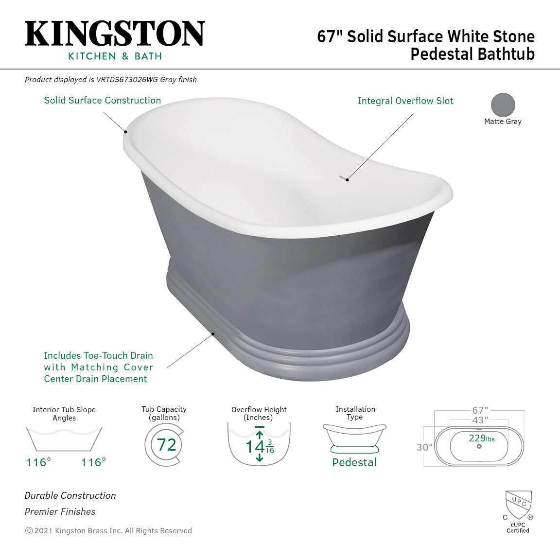 Arcticstone VRTDS673026WG 67-Inch Double Slipper Solid Surface Pedestal Tub with Drain, Glossy White/Matte Gray