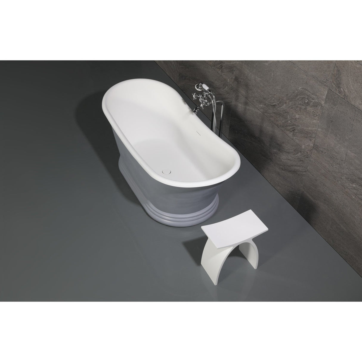 Arcticstone VRTDS673026WG 67-Inch Double Slipper Solid Surface Pedestal Tub with Drain, Glossy White/Matte Gray