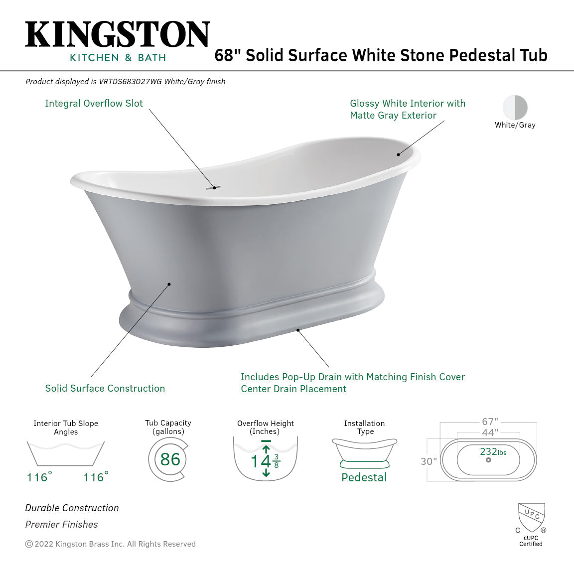 Arcticstone VRTDS683027WG 67-Inch Solid Surface White Stone Pedestal Tub with Drain, Matte Gray/Glossy White