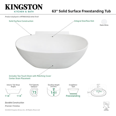 Arcticstone VRTRS633522 63-Inch Solid Surface White Stone Freestanding Tub with Drain, Matte White