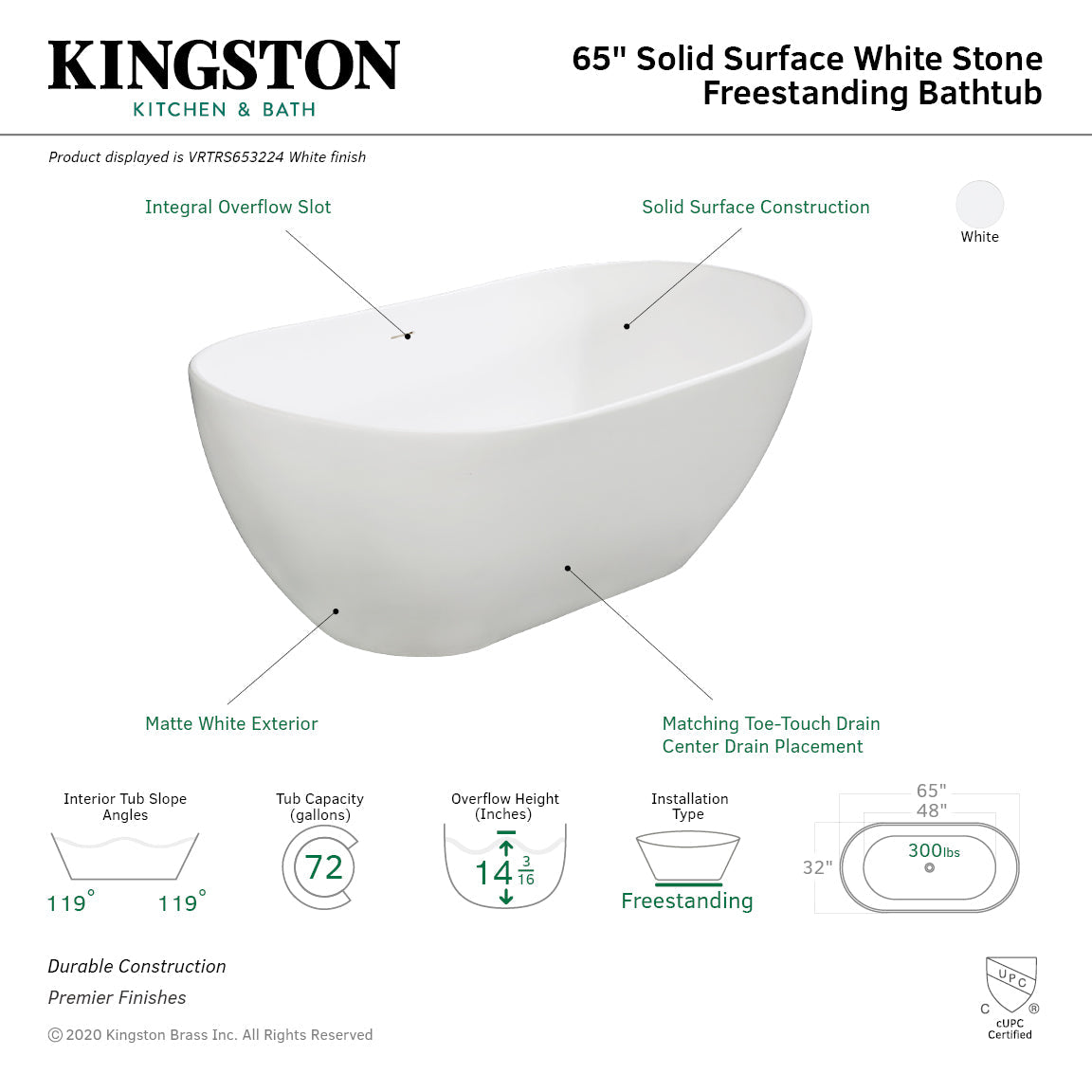 Arcticstone VRTRS653224 65-Inch Solid Surface White Stone Freestanding Tub with Drain, Matte White