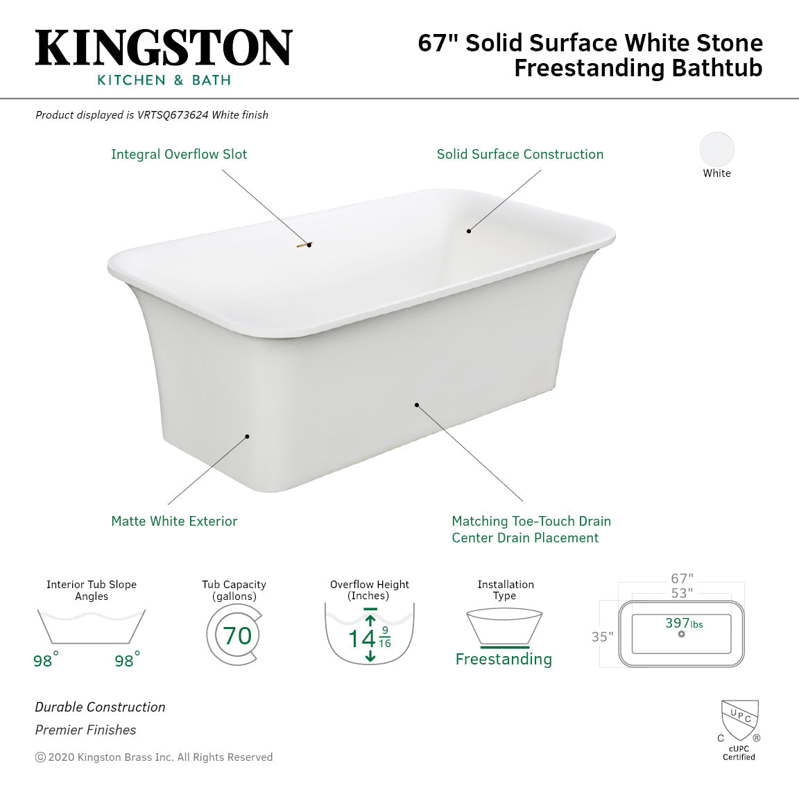 Arcticstone VRTSQ673624 67-Inch Solid Surface White Stone Freestanding Tub with Drain, Matte White
