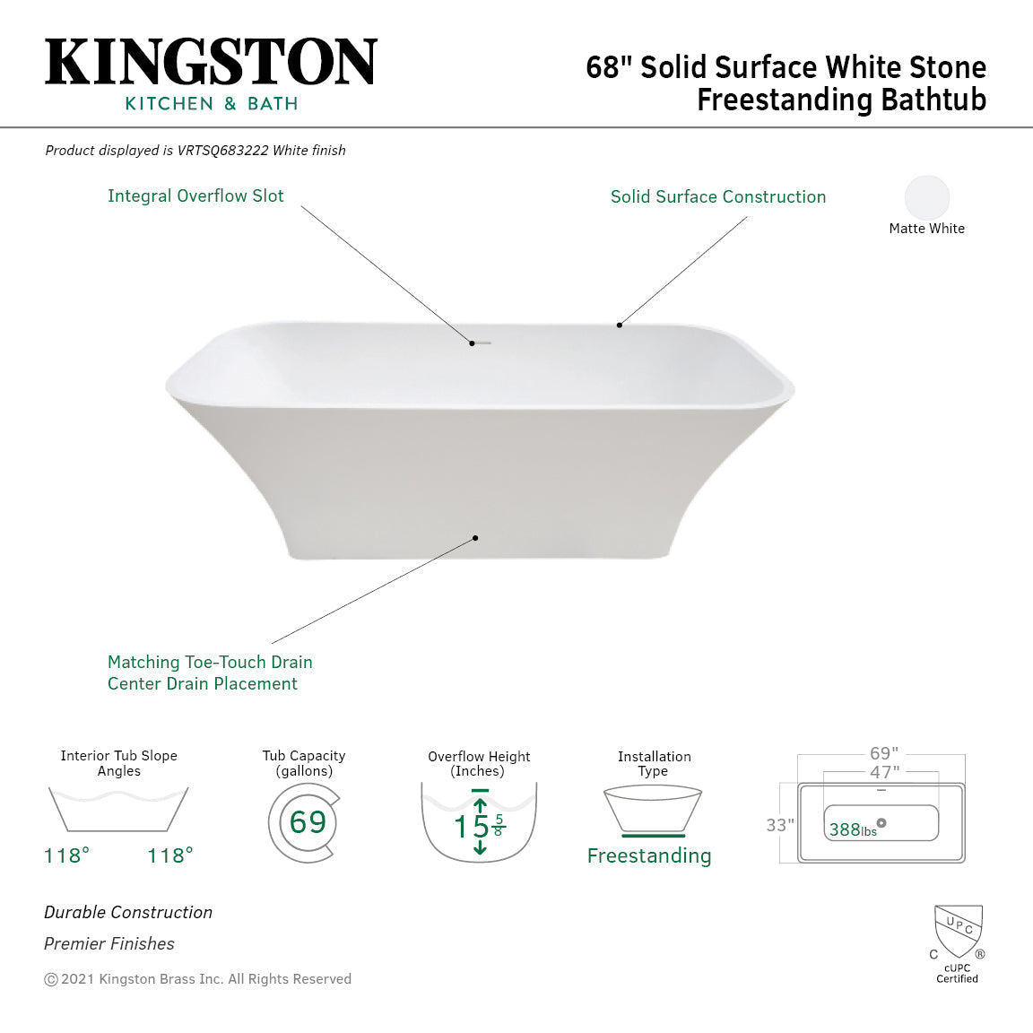 Arcticstone VRTSQ683222 69-Inch Solid Surface White Stone Freestanding Tub with Drain, Matte White