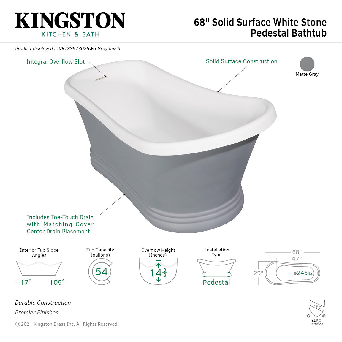 Arcticstone VRTSS673026WG 68-Inch Slipper Solid Surface Pedestal Tub with Drain, Glossy White/Matte Gray