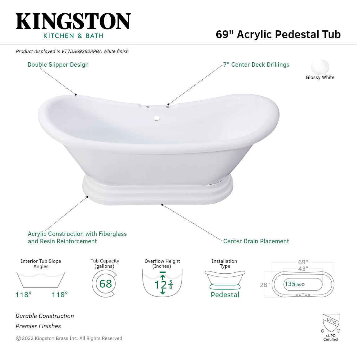 Aqua Eden VT7DS692828PBA 69-Inch Acrylic Double Slipper Pedestal Tub with 7-Inch Faucet Drillings, Glossy White