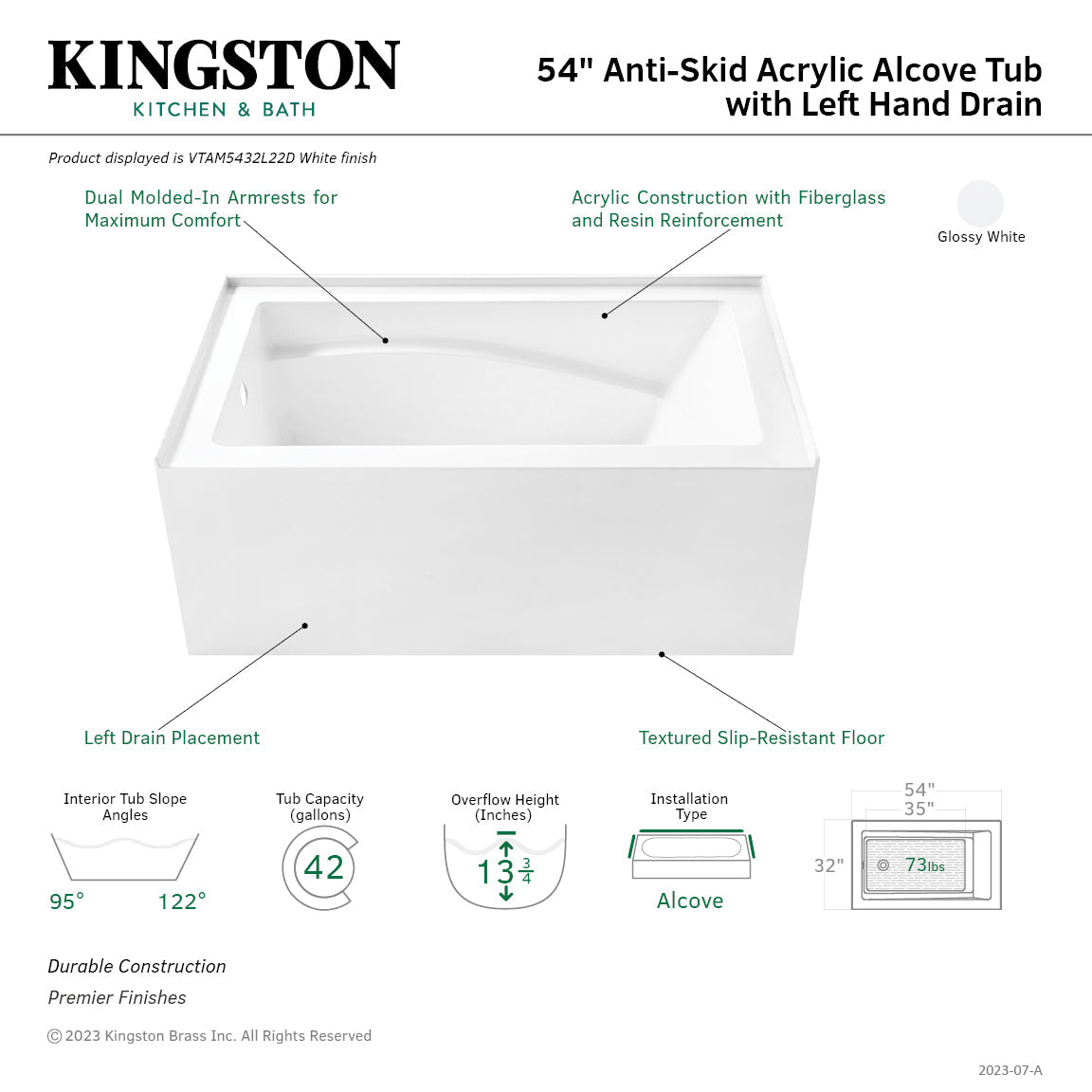 Aqua Eden VTAM5432L22D 54-Inch Anti-Skid Acrylic 3-Wall Alcove Tub with Left Hand Drain, Glossy White