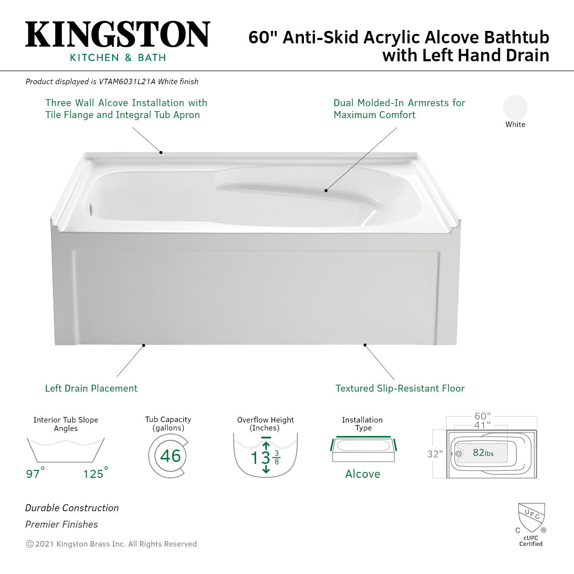 Aqua Eden VTAM6031L21A 60-Inch Anti-Skid Acrylic 3-Wall Alcove Tub with Arm Rest and Left Hand Drain, White