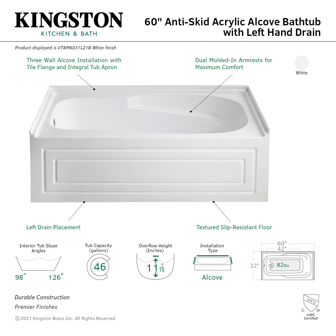 Aqua Eden VTAM6031L21B 60-Inch Anti-Skid Acrylic 3-Wall Alcove Tub with Arm Rest Left Hand Drain Hole, White