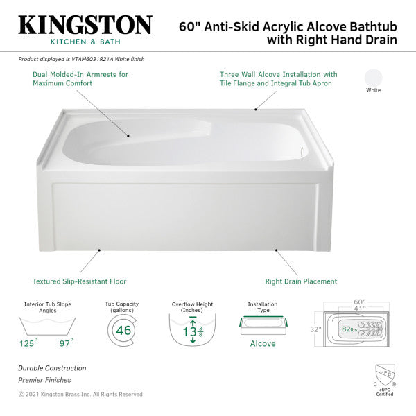 Aqua Eden VTAM6031R21A 60-Inch Anti-Skid Acrylic 3-Wall Alcove Tub with Arm Rest and Right Hand Drain, White