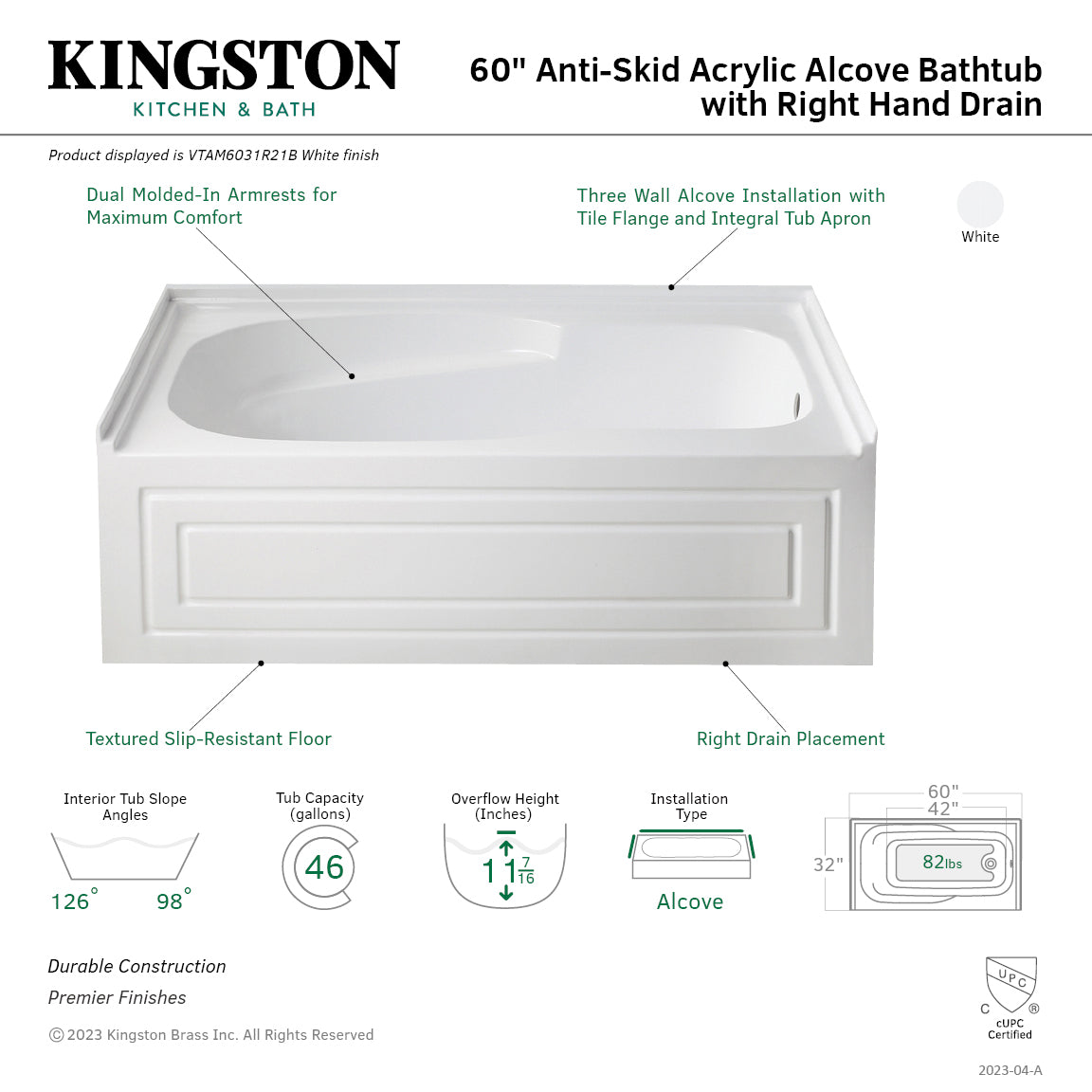 Aqua Eden VTAM6031R21B 60-Inch Anti-Skid Acrylic 3-Wall Alcove Tub with Arm Rest Right Hand Drain Hole, White
