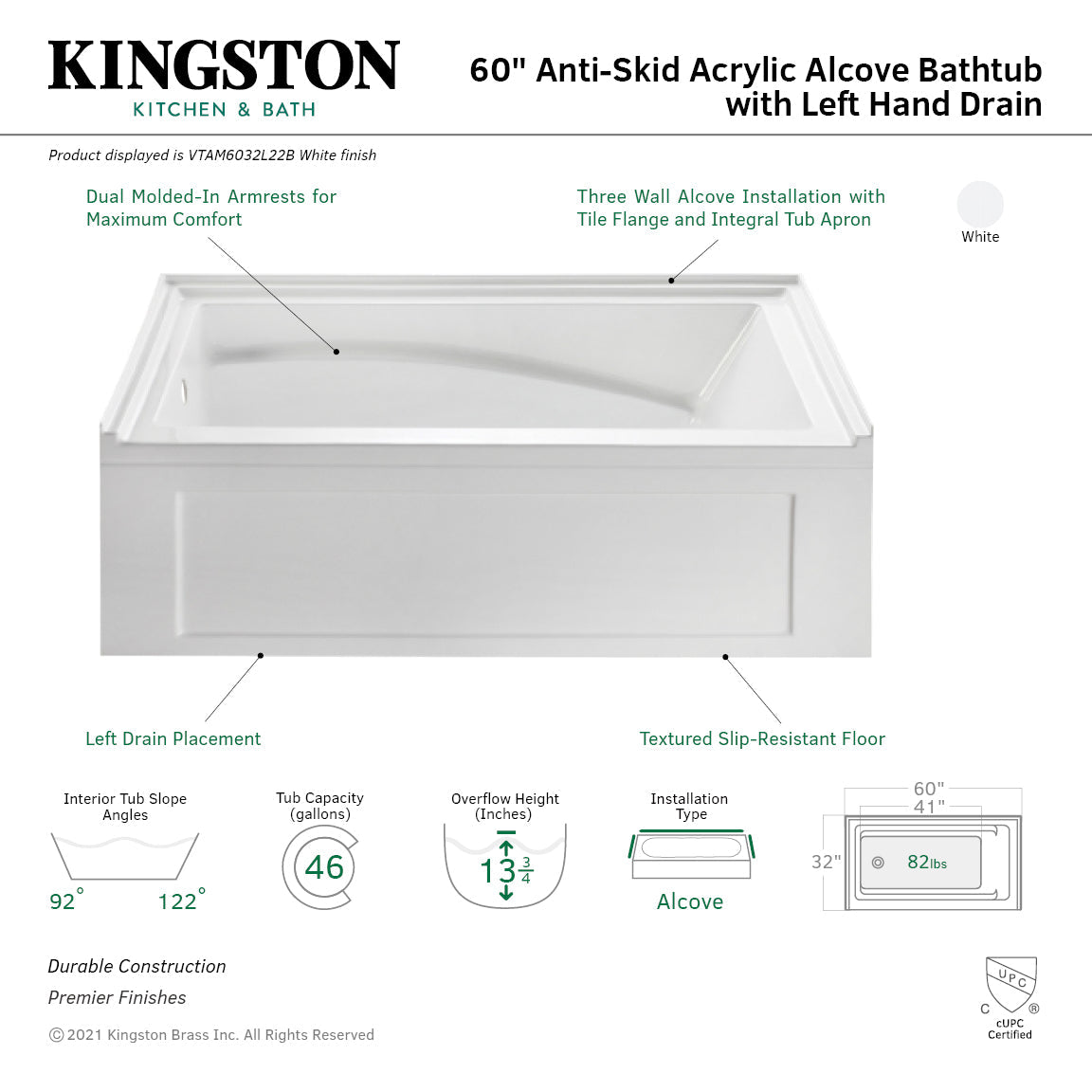 Aqua Eden VTAM6032L22B 60-Inch Anti-Skid Acrylic 3-Wall Alcove Tub with Arm Rest and Left Hand Drain, White