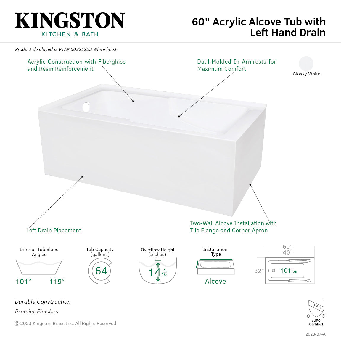 Aqua Eden VTAM6032L22S 60-Inch Acrylic 2-Wall Corner Alcove Tub with Left Hand Drain Hole, White