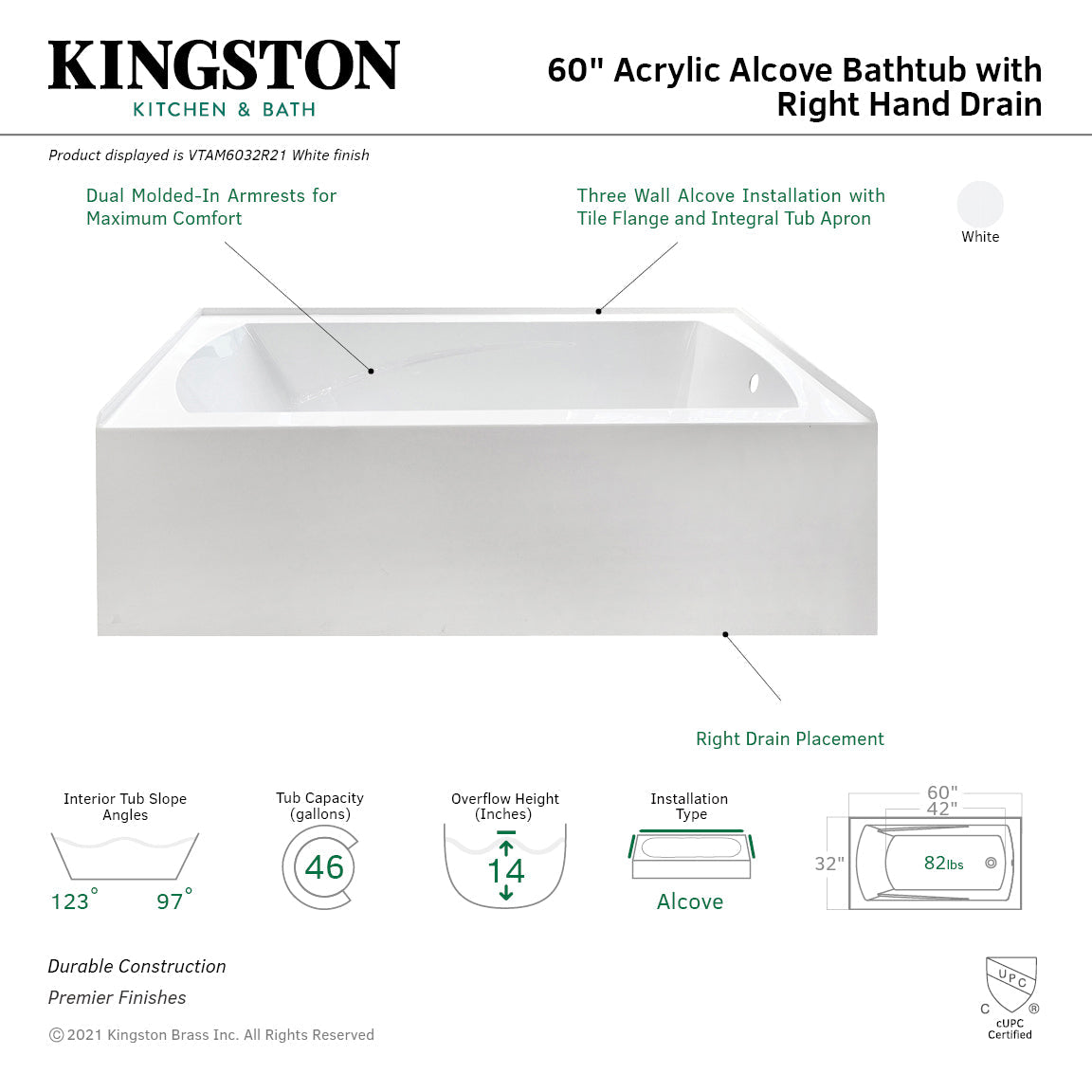 Aqua Eden VTAM6032R21 60-Inch Acrylic 3-Wall Alcove Tub with Right Hand Drain Hole, White