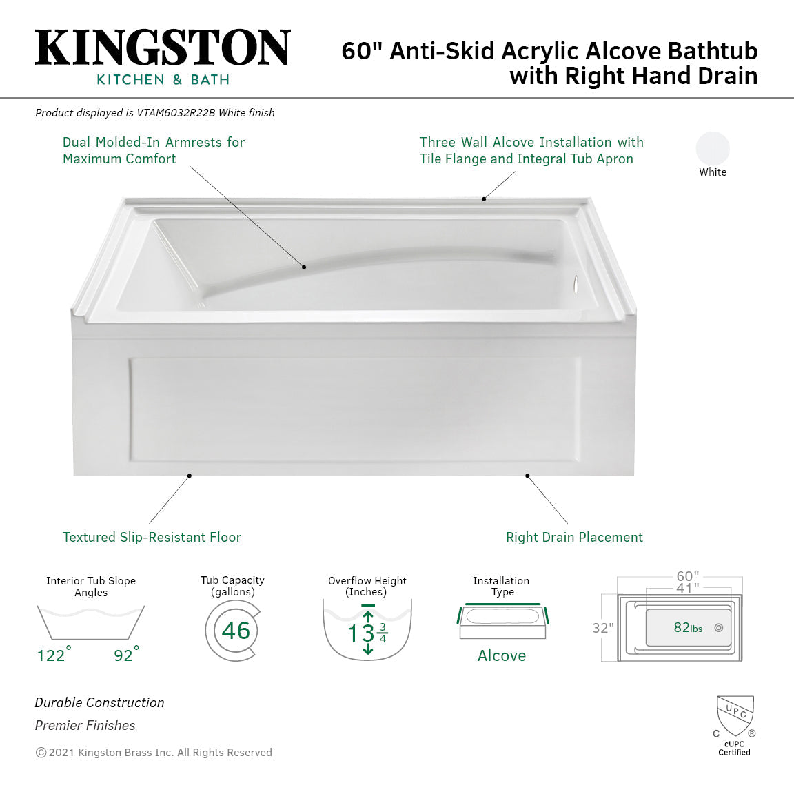 Aqua Eden VTAM6032R22B 60-Inch Anti-Skid Acrylic 3-Wall Alcove Tub with Arm Rest and Right Hand Drain, White