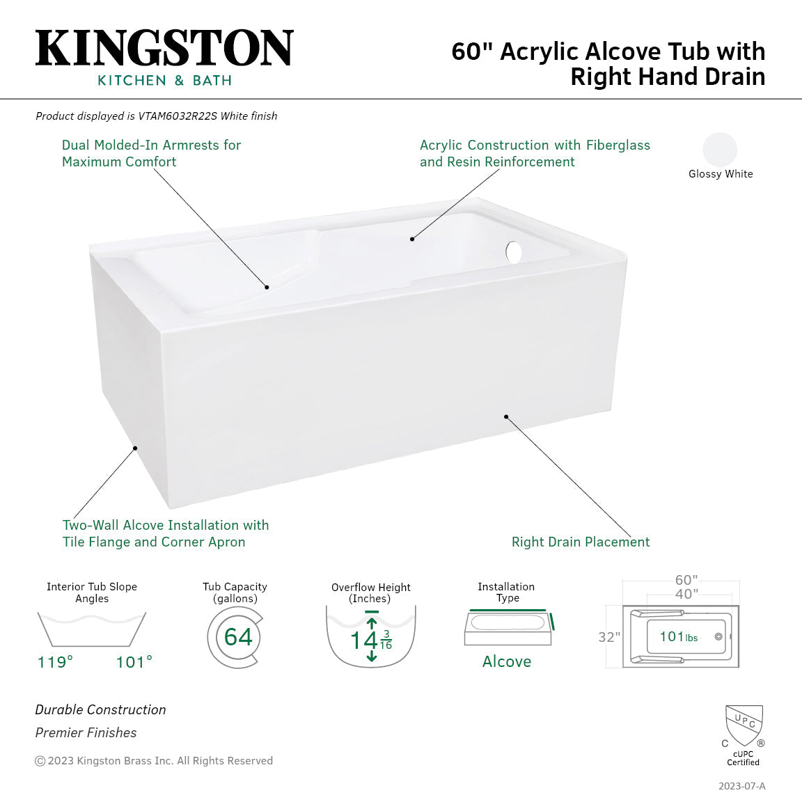 Aqua Eden VTAM6032R22S 60-Inch Acrylic 2-Wall Corner Alcove Tub with Right Hand Drain Hole, White
