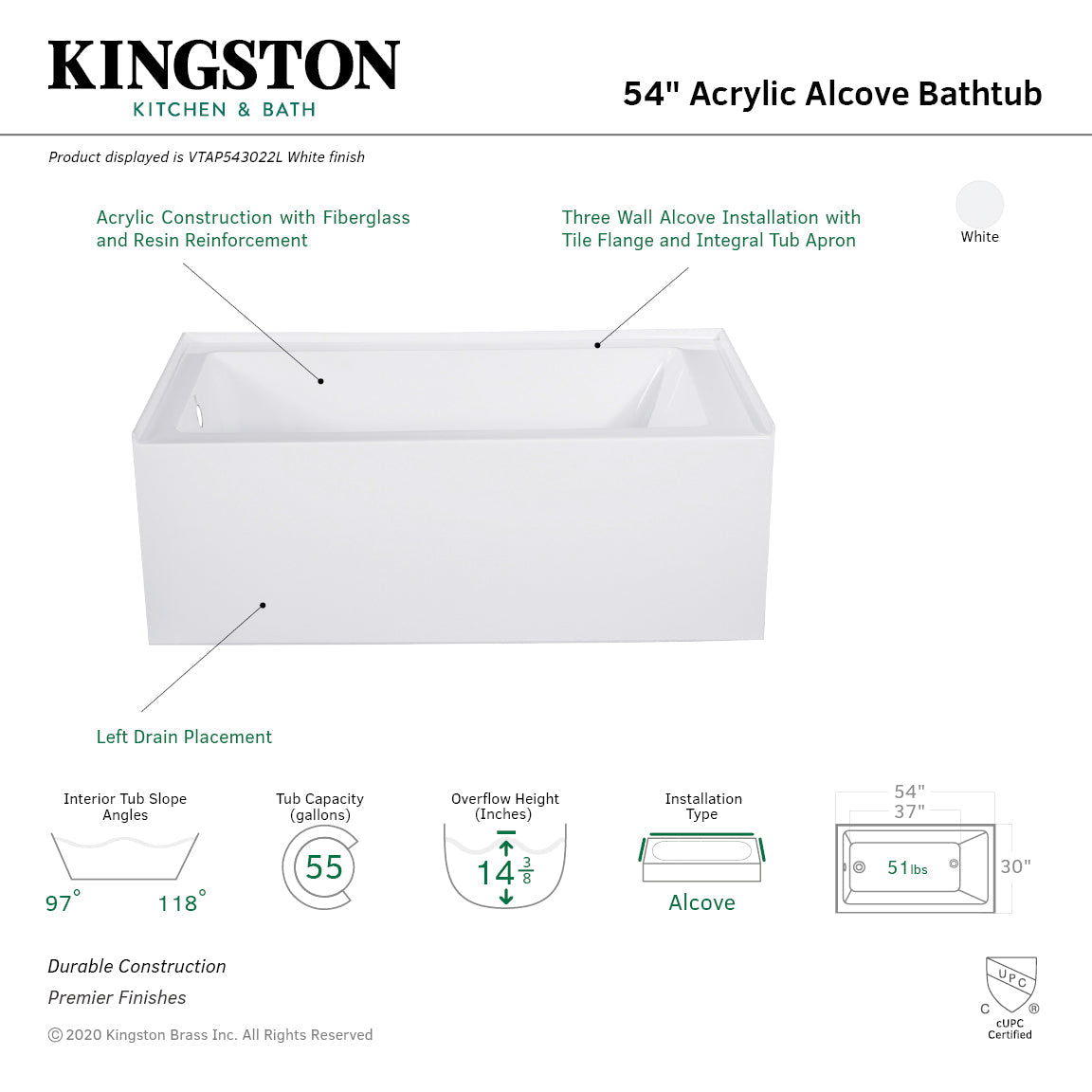 Aqua Eden VTAP543022L 54-Inch Acrylic 3-Wall Alcove Tub with Left Hand Drain Hole, White