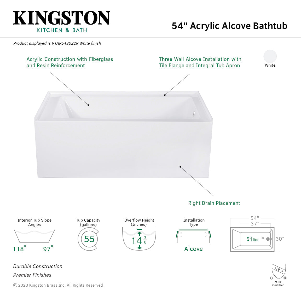 Aqua Eden VTAP543022R 54-Inch Acrylic 3-Wall Alcove Tub with Right Hand Drain Hole, White