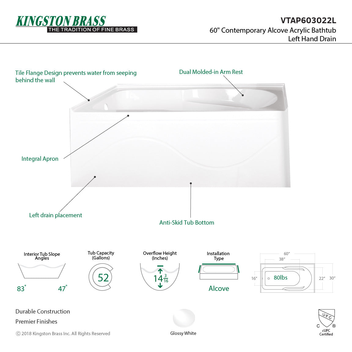Aqua Eden VTAP603022L 60-Inch Acrylic Anti-Skid 3-Wall Alcove Tub with Left Hand Drain Hole, White