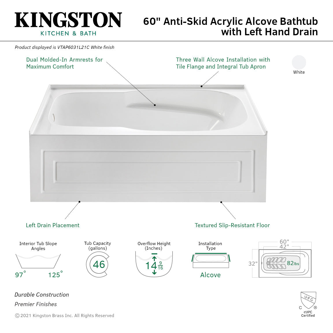 Aqua Eden VTAP6031L21C 60-Inch Anti-Skid Acrylic 3-Wall Alcove Tub with Left Hand Drain Hole, White