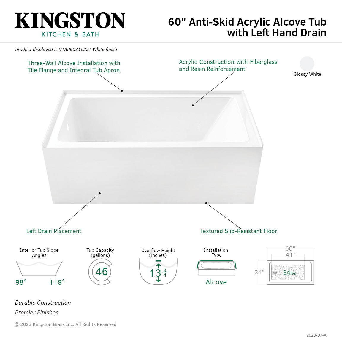 Aqua Eden VTAP6031L22T 60-Inch Anti-Skid Acrylic 3-Wall Alcove Tub with Left Hand Drain Hole, Glossy White